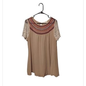 Umgee Top Tunic M Peasant Tan Sheer Lace Sleeve Boho Festival Embroidered Floral